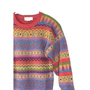 VTG Y2K Women Small Sweater Crew Neck Colorful Beaded Embellished 3D Knit Cosby